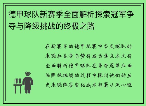 德甲球队新赛季全面解析探索冠军争夺与降级挑战的终极之路